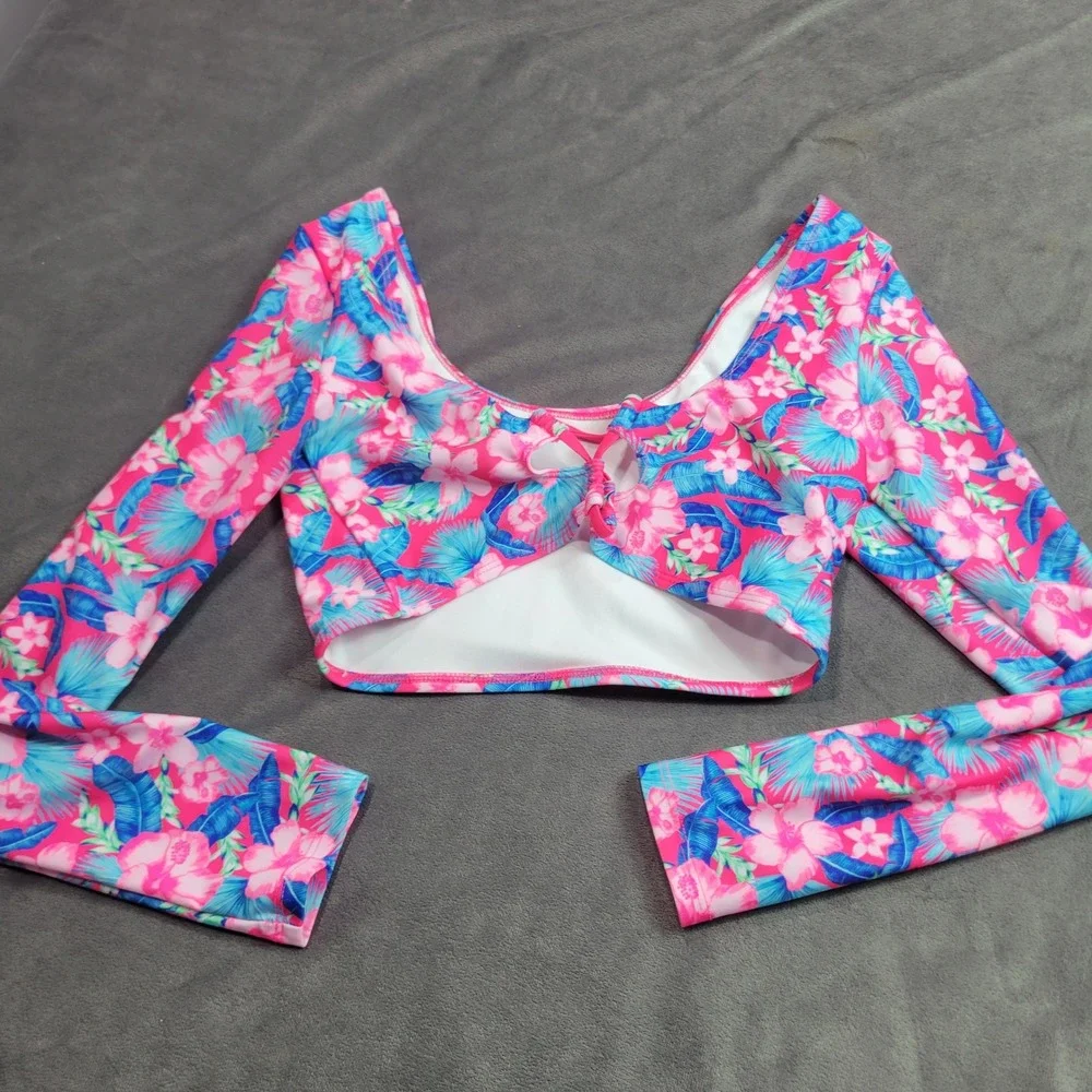 Art Class Girls XL 14 Tropical Floral Long Sleeve Bikini Top Pink Blue 222014967